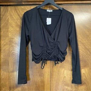 NWT Women's XL Ultra Flirt  Black Long Sleeve Cropped Cinched V Neck Grunge Goth